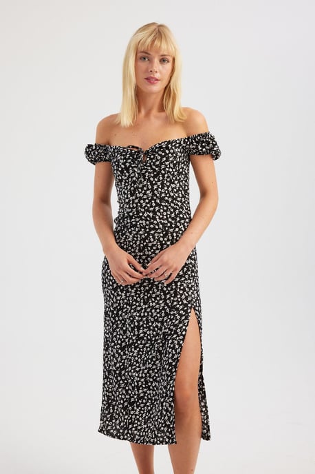 Blumen Off-Shoulder Midi-Kleid mit Seitenschlitz - Image 3