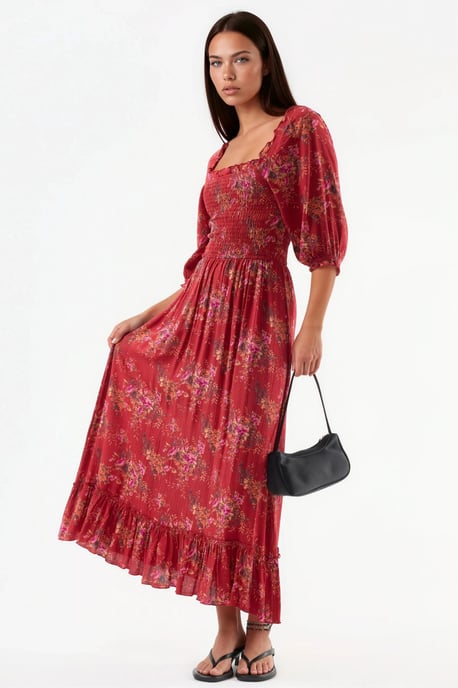 Blumenmotiv Midi-Kleid mit quadratischem Kragen - Image 3