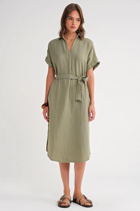 Gürtel-Midi-Kleid mit kurzen Ärmeln - Image 1