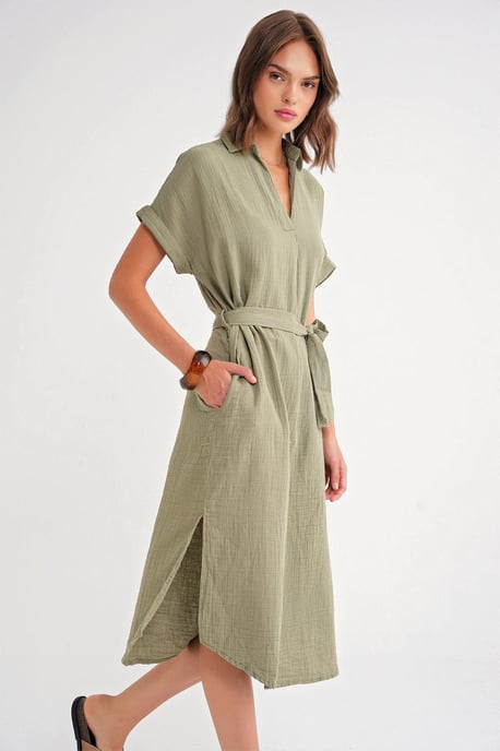 Gürtel-Midi-Kleid mit kurzen Ärmeln - Image 3