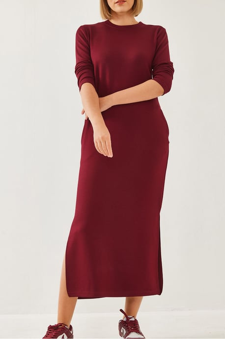 Crew-Neck Langarm-Midi-Kleid mit Schlitz - Image 2