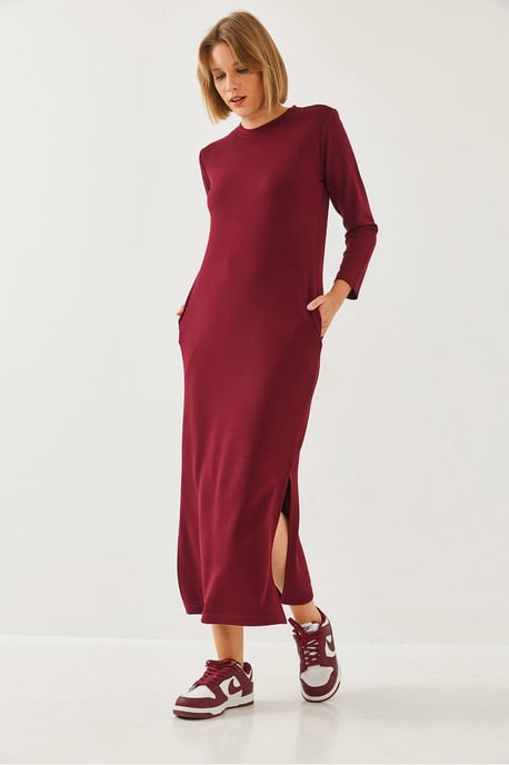 Crew-Neck Langarm-Midi-Kleid mit Schlitz - Image 4
