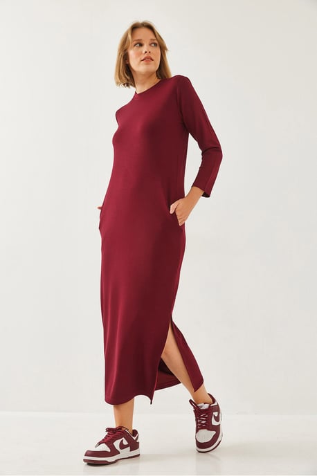 Crew-Neck Langarm-Midi-Kleid mit Schlitz - Image 5