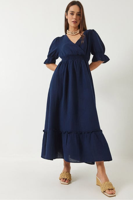 V-Ausschnitt Strukturiertes Midi-Kleid mit Elastischen Details - Image 1
