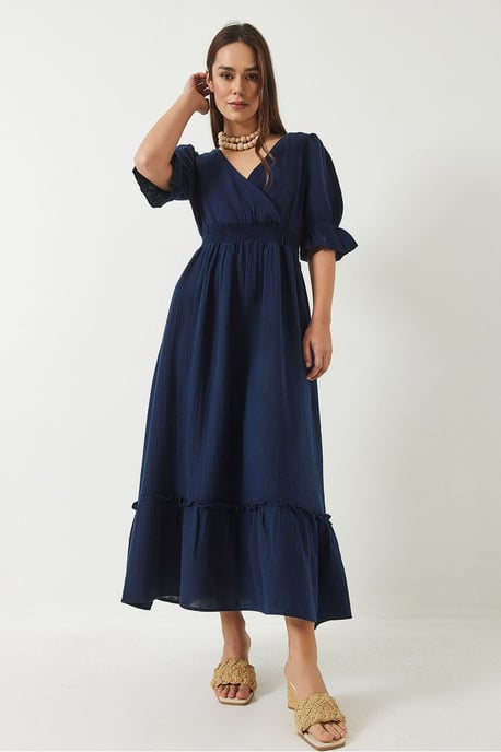 V-Ausschnitt Strukturiertes Midi-Kleid mit Elastischen Details - Image 2