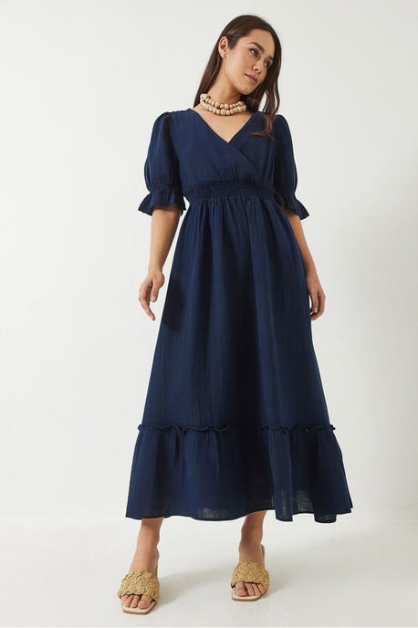 V-Ausschnitt Strukturiertes Midi-Kleid mit Elastischen Details - Image 3