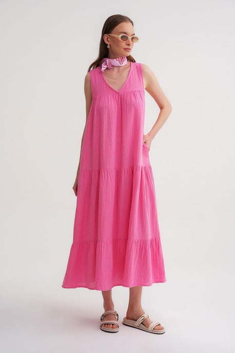 Ärmelloses V-Ausschnitt Muslin Midi-Kleid mit Taschen - Image 1