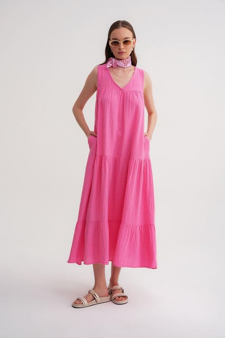Ärmelloses V-Ausschnitt Muslin Midi-Kleid mit Taschen - Image 2