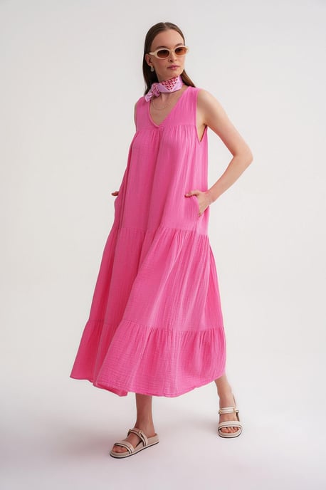 Ärmelloses V-Ausschnitt Muslin Midi-Kleid mit Taschen - Image 3
