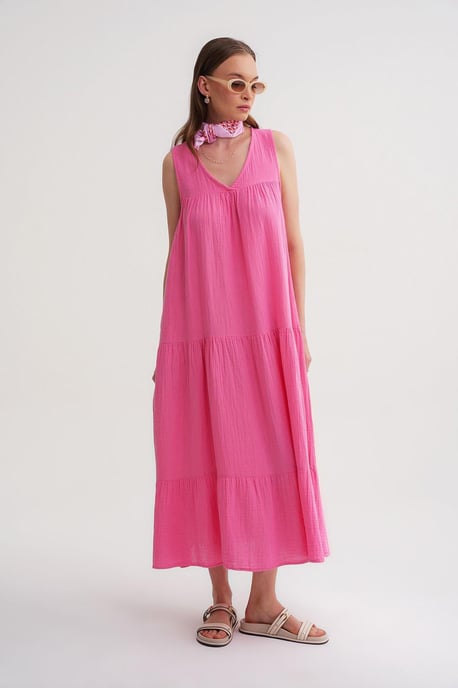 Ärmelloses V-Ausschnitt Muslin Midi-Kleid mit Taschen - Image 4
