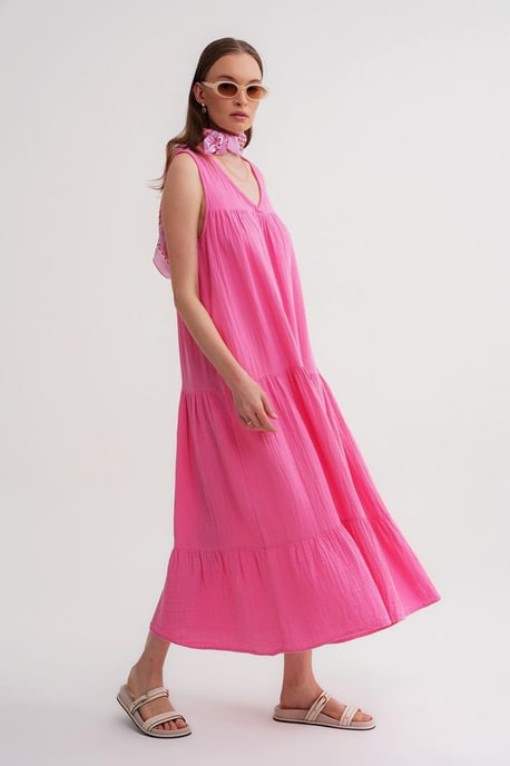 Ärmelloses V-Ausschnitt Muslin Midi-Kleid mit Taschen - Image 5