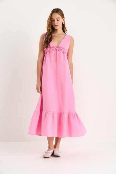 A-Form Midi-Kleid mit V-Ausschnitt und Bindungsdetails - Image 2