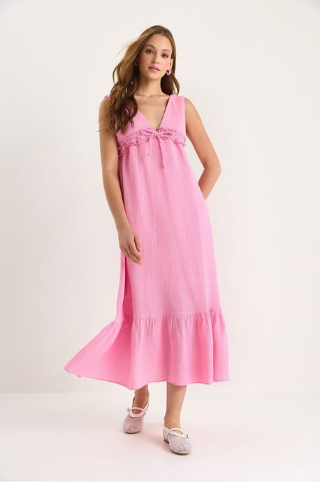 A-Form Midi-Kleid mit V-Ausschnitt und Bindungsdetails - Image 3