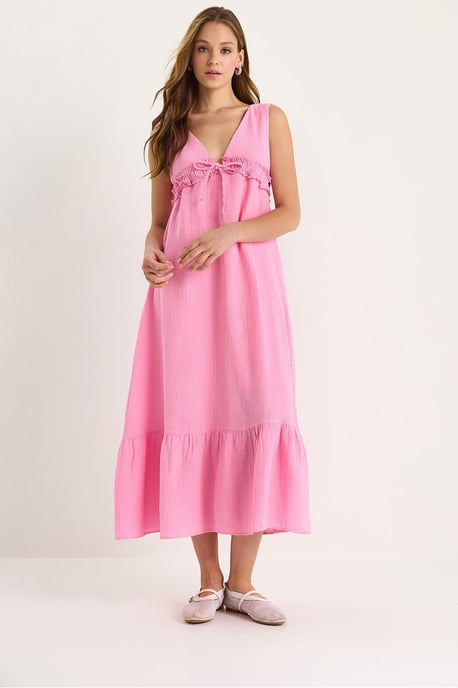 A-Form Midi-Kleid mit V-Ausschnitt und Bindungsdetails - Image 4