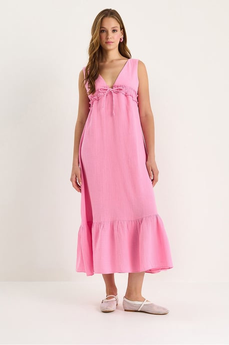 A-Form Midi-Kleid mit V-Ausschnitt und Bindungsdetails - Image 5