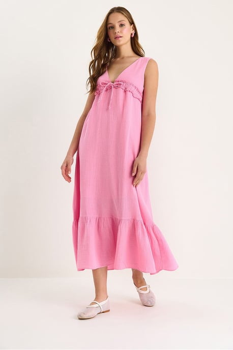 A-Form Midi-Kleid mit V-Ausschnitt und Bindungsdetails - Image 6