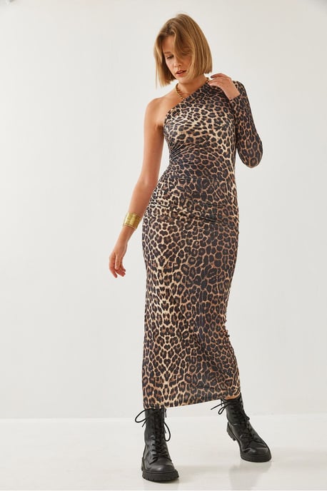 Leopardenmuster Raffung Midi-Kleid mit asymmetrischem Kragen - Image 2