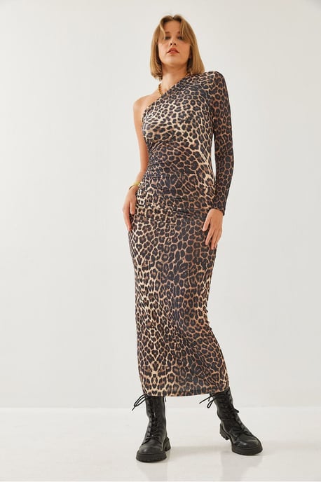 Leopardenmuster Raffung Midi-Kleid mit asymmetrischem Kragen - Image 3