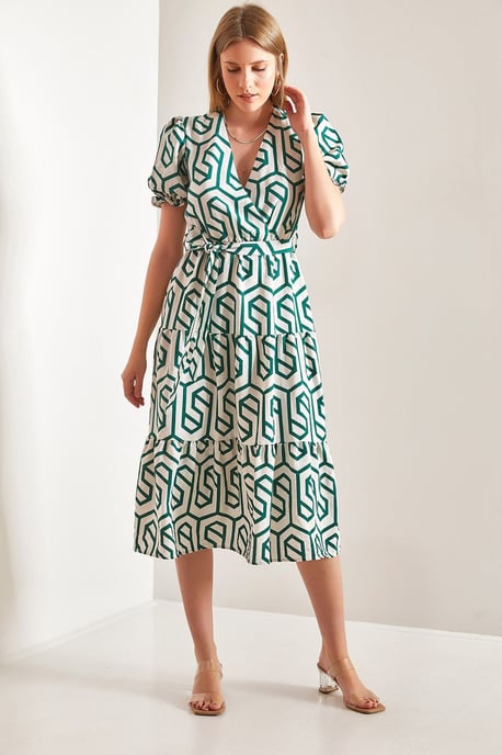 Gemustertes Midi-Kleid mit V-Ausschnitt - Image 1