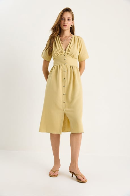 V-Ausschnitt Knopf Midi Hemdkleid - Image 2