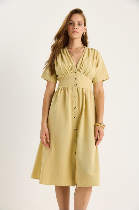 V-Ausschnitt Knopf Midi Hemdkleid - Image 3