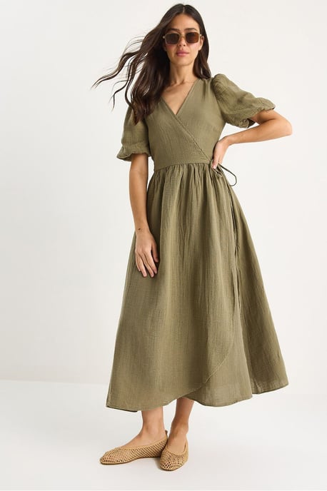 Strukturiertes V-Ausschnitt Midikleid mit Wickelverschluss - Image 1