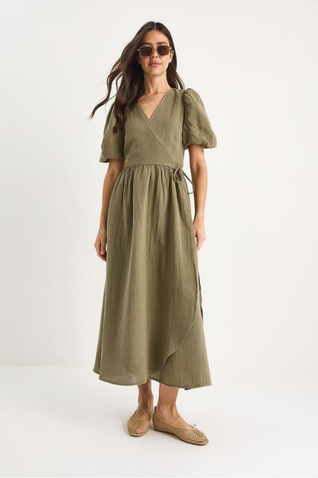 Strukturiertes V-Ausschnitt Midikleid mit Wickelverschluss - Image 2