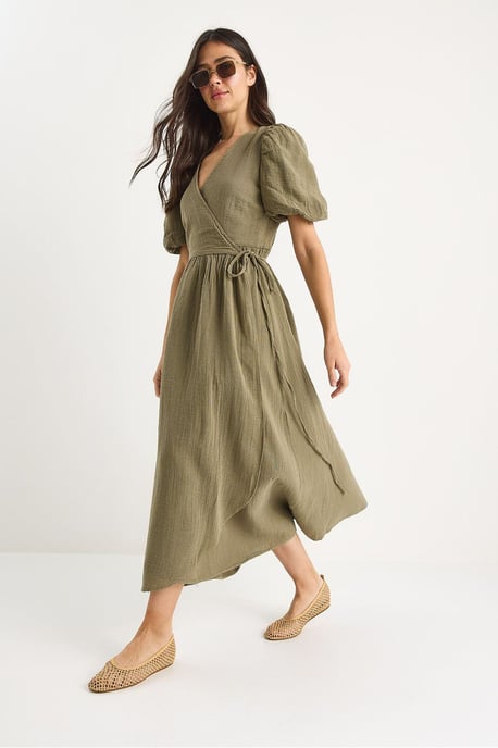 Strukturiertes V-Ausschnitt Midikleid mit Wickelverschluss - Image 4