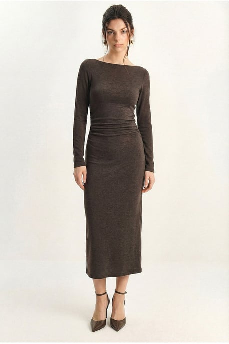 Boot-Ausschnitt Körperbetontes Midi-Kleid mit Drapierung - Image 2