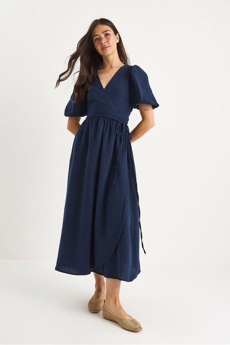 Strukturiertes V-Ausschnitt Midikleid mit Wickelverschluss - Image 2