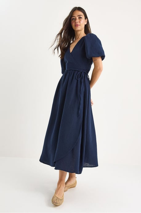 Strukturiertes V-Ausschnitt Midikleid mit Wickelverschluss - Image 3