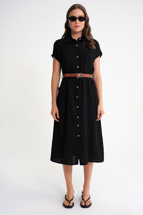 Midi-Kleid mit Gürtel-Detail und knöpfbarem Kragen - Image 2