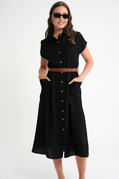 Midi-Kleid mit Gürtel-Detail und knöpfbarem Kragen - Image 3