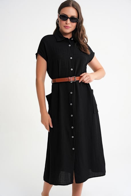 Midi-Kleid mit Gürtel-Detail und knöpfbarem Kragen - Image 4