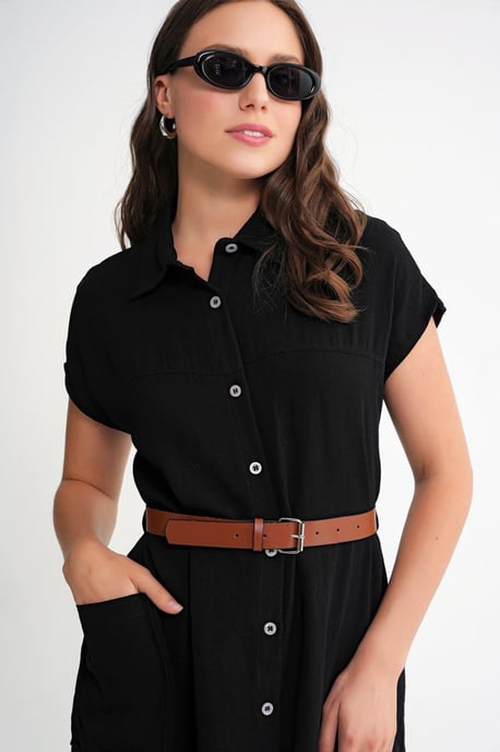 Midi-Kleid mit Gürtel-Detail und knöpfbarem Kragen - Image 5