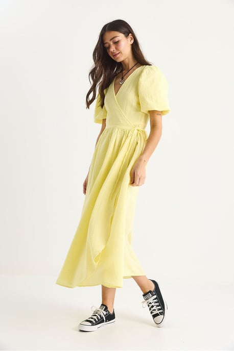 Strukturiertes V-Ausschnitt Midikleid mit Wickelverschluss - Image 3