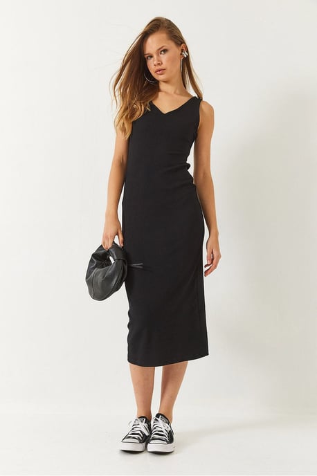 V-Ausschnitt Ripp-Midi-Kleid - Image 2