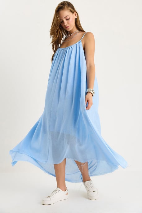 Einfarbiges Spaghettiträgermuslin-Midikleid mit durchscheinendem Saum - Image 1