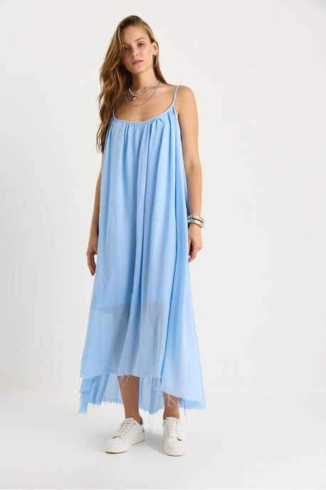 Einfarbiges Spaghettiträgermuslin-Midikleid mit durchscheinendem Saum - Image 2