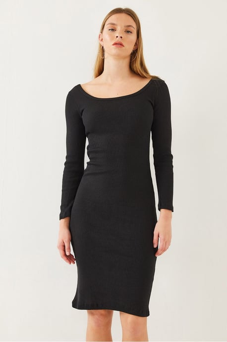Strukturierte Ripp-Midi-Kleid mit quadratischem Kragen - Image 3