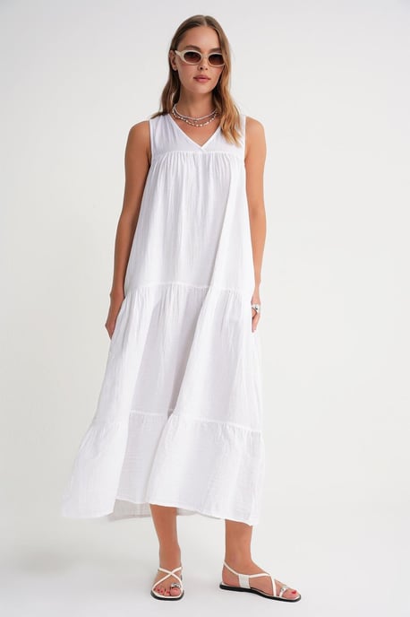 Ärmelloses V-Ausschnitt-Mulldress mit Taschen in Midi-Länge - Image 1