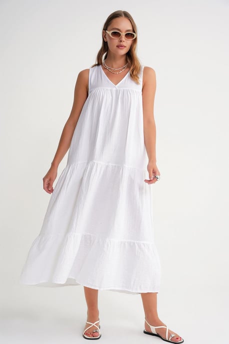 Ärmelloses V-Ausschnitt-Mulldress mit Taschen in Midi-Länge - Image 2
