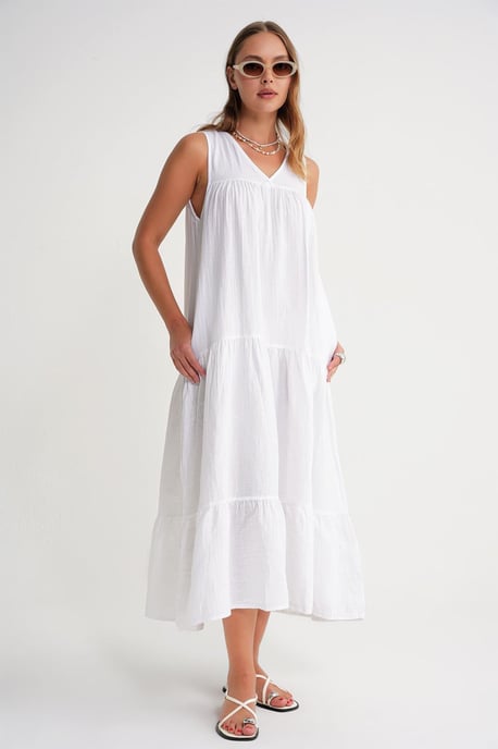 Ärmelloses V-Ausschnitt-Mulldress mit Taschen in Midi-Länge - Image 3