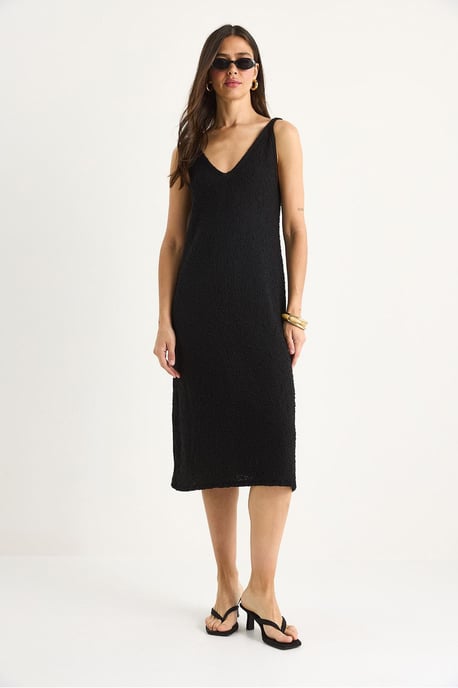 Strukturiertes V-Ausschnitt Midi-Strickkleid mit Rückenprint - Image 2