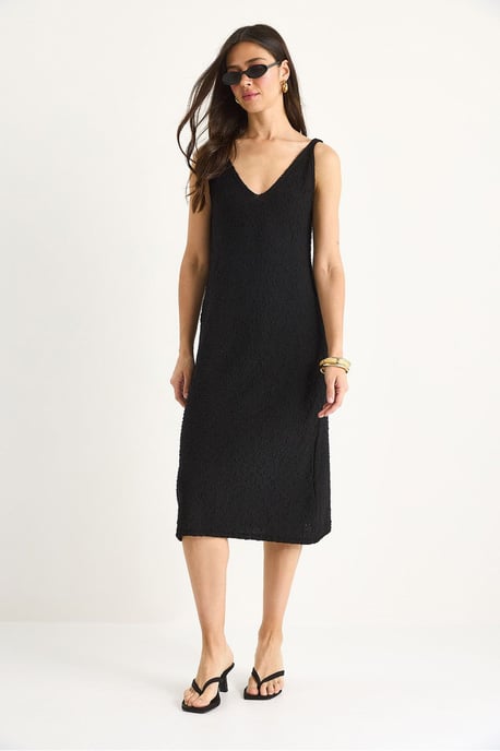 Strukturiertes V-Ausschnitt Midi-Strickkleid mit Rückenprint - Image 3