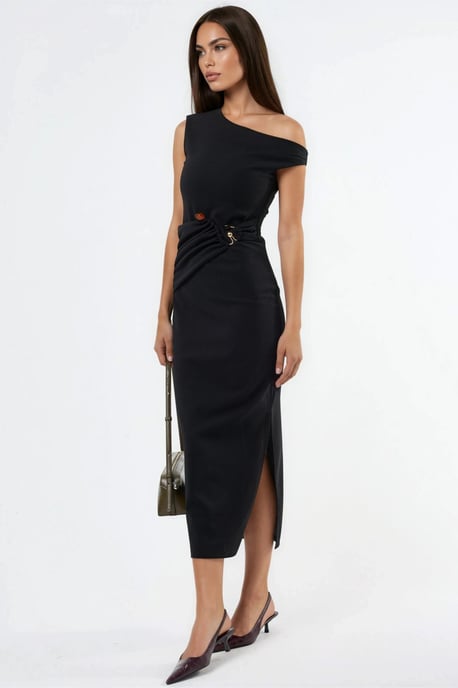 Asymmetrisches Kragen-Midi-Kleid mit Accessoire-Details - Image 2
