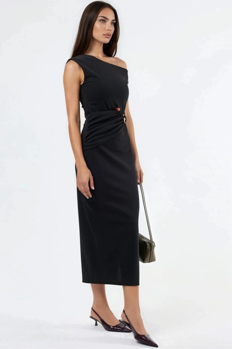 Asymmetrisches Kragen-Midi-Kleid mit Accessoire-Details - Image 6