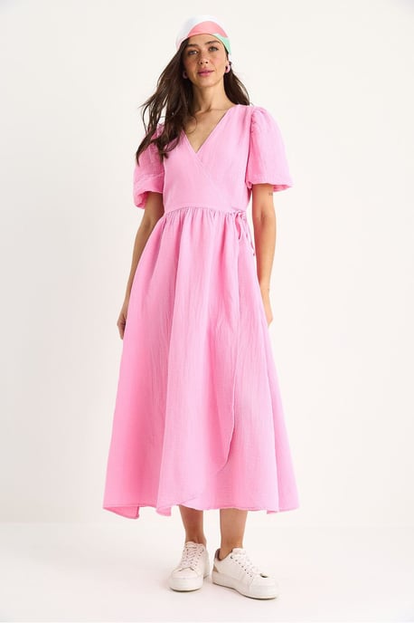 Strukturiertes V-Ausschnitt Midikleid mit Wickelverschluss - Image 4