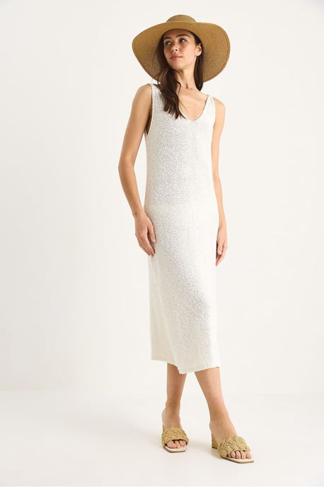 Strukturiertes V-Ausschnitt Midi-Strickkleid mit Rückenprint - Image 2