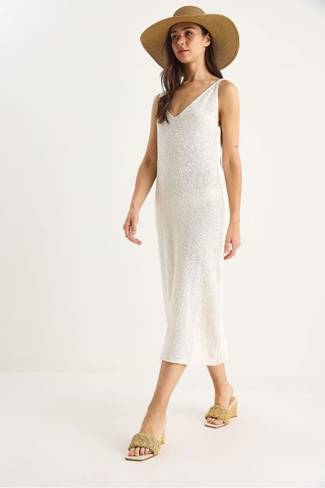 Strukturiertes V-Ausschnitt Midi-Strickkleid mit Rückenprint - Image 3